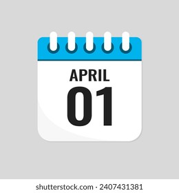 Vector icon page calendar day of month - 1 April. 1th day of month - Sunday, Monday, Tuesday, Wednesday, Thursday, Friday, Saturday. Anniversary, reminder, plan, to-do list. Calender on the wall