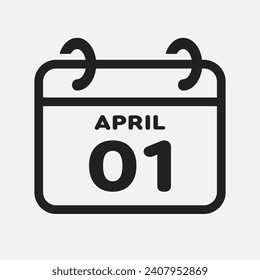 Vector icon page calendar day of month - 1 April. 1th day of month - Sunday, Monday, Tuesday, Wednesday, Thursday, Friday, Saturday. Anniversary, reminder, plan, to-do list. Calender on the wall