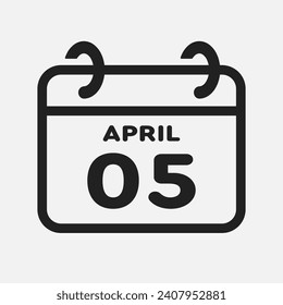Vector icon page calendar day of month - 5 April. 5th day of month - Sunday, Monday, Tuesday, Wednesday, Thursday, Friday, Saturday. Anniversary, reminder, plan, to-do list. Calender on the wall