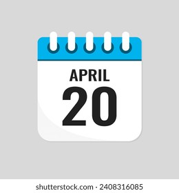 Vector icon page calendar day of month - 20 April. 20th day of month - Sunday, Monday, Tuesday, Wednesday, Thursday, Friday, Saturday. Anniversary, reminder, plan, to-do list. Calender on the wall