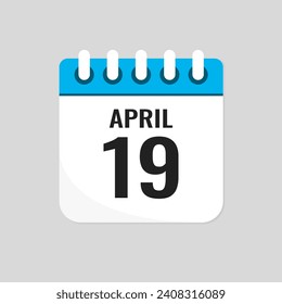 Vector icon page calendar day of month - 19 April. 19th day of month - Sunday, Monday, Tuesday, Wednesday, Thursday, Friday, Saturday. Anniversary, reminder, plan, to-do list. Calender on the wall