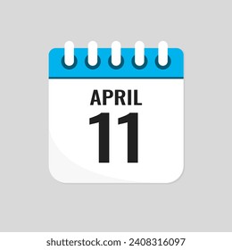 Vector icon page calendar day of month - 11 April. 11th day of month - Sunday, Monday, Tuesday, Wednesday, Thursday, Friday, Saturday. Anniversary, reminder, plan, to-do list. Calender on the wall