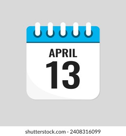 Vector icon page calendar day of month - 13 April. 13th day of month - Sunday, Monday, Tuesday, Wednesday, Thursday, Friday, Saturday. Anniversary, reminder, plan, to-do list. Calender on the wall
