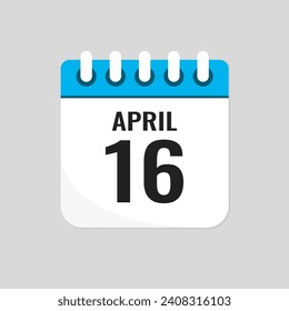 Vector icon page calendar day of month - 16 April. 16th day of month - Sunday, Monday, Tuesday, Wednesday, Thursday, Friday, Saturday. Anniversary, reminder, plan, to-do list. Calender on the wall