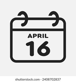 Icono del vector página calendario día del mes - 16 de abril. 16º día del mes - domingo, lunes, martes, miércoles, jueves, viernes, sábado. Aniversario, recordatorio, plan, lista de tareas pendientes. Calender en la pared