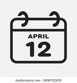 Vector icon page calendar day of month - 12 April. 12th day of month - Sunday, Monday, Tuesday, Wednesday, Thursday, Friday, Saturday. Anniversary, reminder, plan, to-do list. Calender on the wall