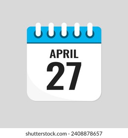 Vector icon page calendar day of month - 27 April. 27th day of month - Sunday, Monday, Tuesday, Wednesday, Thursday, Friday, Saturday. Anniversary, reminder, plan, to-do list. Calender on the wall