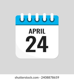 Vector icon page calendar day of month - 24 April. 24th day of month - Sunday, Monday, Tuesday, Wednesday, Thursday, Friday, Saturday. Anniversary, reminder, plan, to-do list. Calender on the wall