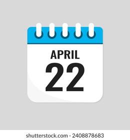 Vector icon page calendar day of month - 22 April. 22th day of month - Sunday, Monday, Tuesday, Wednesday, Thursday, Friday, Saturday. Anniversary, reminder, plan, to-do list. Calender on the wall