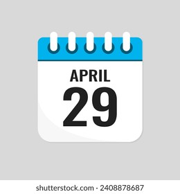 Vektorsymbol Seite Kalendertag des Monats - 29. April. 29. Tag des Monats - Sonntag, Montag, Dienstag, Mittwoch, Donnerstag, Freitag, Samstag. Jubiläum, Erinnerung, Plan, To-Do-Liste. Kalender an der Wand
