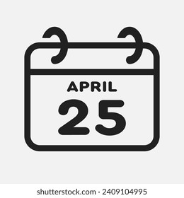 Icono del vector página calendario día del mes - 25 de abril. 25º día del mes - domingo, lunes, martes, miércoles, jueves, viernes, sábado. Aniversario, recordatorio, plan, lista de tareas pendientes. Calender en la pared
