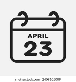 Icono del vector página calendario día del mes - 23 de abril. 23 día del mes - domingo, lunes, martes, miércoles, jueves, viernes, sábado. Aniversario, recordatorio, plan, lista de tareas pendientes. Calender en la pared