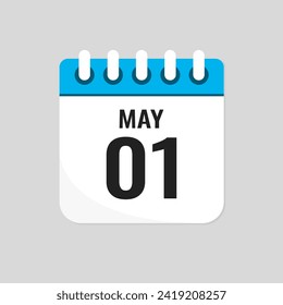 Vektorsymbol Seite Kalendertag des Monats - 1. Mai. Tag des Monats - Sonntag, Montag, Dienstag, Mittwoch, Donnerstag, Freitag, Samstag. Jubiläum, Erinnerung, Plan, To-Do-Liste. Kalender an der Wand