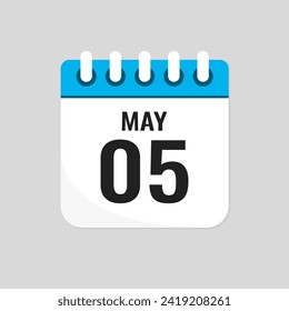 Icono del vector página calendario día del mes - 5 de mayo. 5º día del mes - domingo, lunes, martes, miércoles, jueves, viernes, sábado. Aniversario, recordatorio, plan, lista de tareas pendientes. Calender en la pared