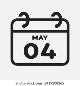 Icono del vector página calendario día del mes - 4 de mayo. Cuarto día del mes - domingo, lunes, martes, miércoles, jueves, viernes, sábado. Aniversario, recordatorio, plan, lista de tareas pendientes. Calender en la pared