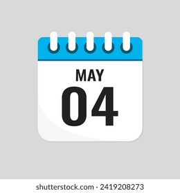 Vector icon page calendar day of month - 4 May. 4th day of month - Sunday, Monday, Tuesday, Wednesday, Thursday, Friday, Saturday. Anniversary, reminder, plan, to-do list. Calender on the wall