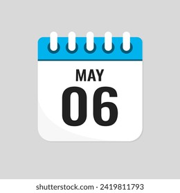 Vector icon page calendar day of month - 6 May. 6th day of month - Sunday, Monday, Tuesday, Wednesday, Thursday, Friday, Saturday. Anniversary, reminder, plan, to-do list. Calender on the wall