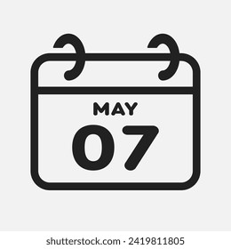 Vector icon page calendar day of month - 7 May. 7th day of month - Sunday, Monday, Tuesday, Wednesday, Thursday, Friday, Saturday. Anniversary, reminder, plan, to-do list. Calender on the wall