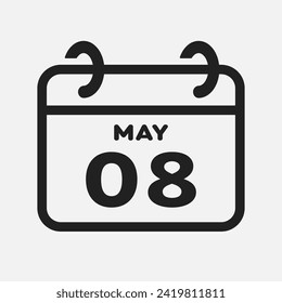 Vector icon page calendar day of month - 8 May. 8th day of month - Sunday, Monday, Tuesday, Wednesday, Thursday, Friday, Saturday. Anniversary, reminder, plan, to-do list. Calender on the wall