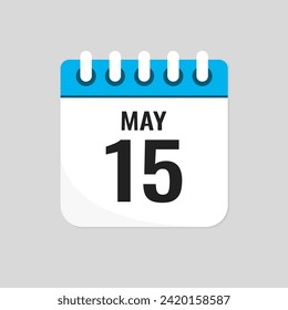 Vector icon page calendar day of month - 15 May. 15th day of month - Sunday, Monday, Tuesday, Wednesday, Thursday, Friday, Saturday. Anniversary, reminder, plan, to-do list. Calender on the wall