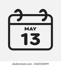 Vector icon page calendar day of month - 13 May. 13th day of month - Sunday, Monday, Tuesday, Wednesday, Thursday, Friday, Saturday. Anniversary, reminder, plan, to-do list. Calender on the wall