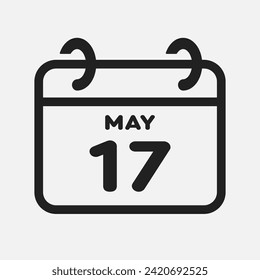 Vector icon page calendar day of month - 17 May. 17th day of month - Sunday, Monday, Tuesday, Wednesday, Thursday, Friday, Saturday. Anniversary, reminder, plan, to-do list. Calender on the wall