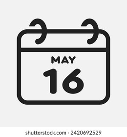 Vector icon page calendar day of month - 16 May. 16th day of month - Sunday, Monday, Tuesday, Wednesday, Thursday, Friday, Saturday. Anniversary, reminder, plan, to-do list. Calender on the wall