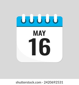 Vector icon page calendar day of month - 16 May. 16th day of month - Sunday, Monday, Tuesday, Wednesday, Thursday, Friday, Saturday. Anniversary, reminder, plan, to-do list. Calender on the wall