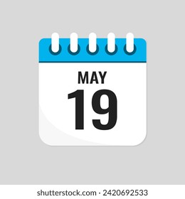 Vector icon page calendar day of month - 19 May. 19th day of month - Sunday, Monday, Tuesday, Wednesday, Thursday, Friday, Saturday. Anniversary, reminder, plan, to-do list. Calender on the wall