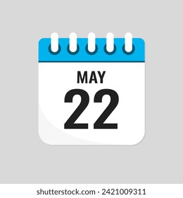 Vector icon page calendar day of month - 22 May. 22th day of month - Sunday, Monday, Tuesday, Wednesday, Thursday, Friday, Saturday. Anniversary, reminder, plan, to-do list. Calender on the wall