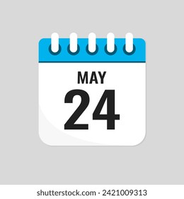 Vector icon page calendar day of month - 24 May. 24th day of month - Sunday, Monday, Tuesday, Wednesday, Thursday, Friday, Saturday. Anniversary, reminder, plan, to-do list. Calender on the wall