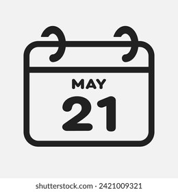 Vector icon page calendar day of month - 21 May. 21th day of month - Sunday, Monday, Tuesday, Wednesday, Thursday, Friday, Saturday. Anniversary, reminder, plan, to-do list. Calender on the wall