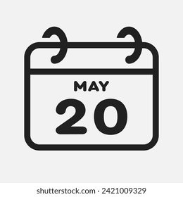Vector icon page calendar day of month - 20 May. 20th day of month - Sunday, Monday, Tuesday, Wednesday, Thursday, Friday, Saturday. Anniversary, reminder, plan, to-do list. Calender on the wall