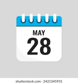 Vector icon page calendar day of month - 28 May. 28th day of month - Sunday, Monday, Tuesday, Wednesday, Thursday, Friday, Saturday. Anniversary, reminder, plan, to-do list. Calender on the wall