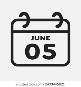 Vector icon page calendar day of month - 5 June. 5th day of month - Sunday, Monday, Tuesday, Wednesday, Thursday, Friday, Saturday. Anniversary, reminder, plan, to-do list. Calender on the wall