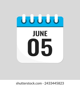 Vector icon page calendar day of month - 5 June. 5th day of month - Sunday, Monday, Tuesday, Wednesday, Thursday, Friday, Saturday. Anniversary, reminder, plan, to-do list. Calender on the wall