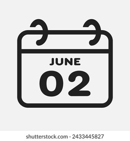 Icono vectorial página calendario día del mes - 2 de junio. Segundo día del mes: domingo, lunes, martes, miércoles, jueves, viernes, sábado. Aniversario, recordatorio, plan, lista de tareas. Calendario en la pared