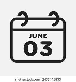 Vector icon page calendar day of month - 3 June. 3th day of month - Sunday, Monday, Tuesday, Wednesday, Thursday, Friday, Saturday. Anniversary, reminder, plan, to-do list. Calender on the wall