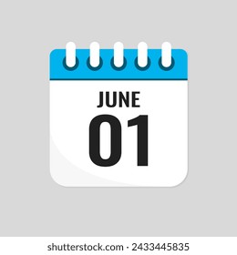 Vector icon page calendar day of month - 1 June. 1th day of month - Sunday, Monday, Tuesday, Wednesday, Thursday, Friday, Saturday. Anniversary, reminder, plan, to-do list. Calender on the wall