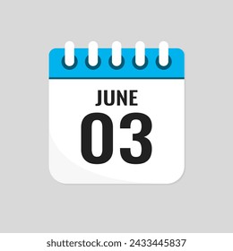 Vector icon page calendar day of month - 3 June. 3th day of month - Sunday, Monday, Tuesday, Wednesday, Thursday, Friday, Saturday. Anniversary, reminder, plan, to-do list. Calender on the wall