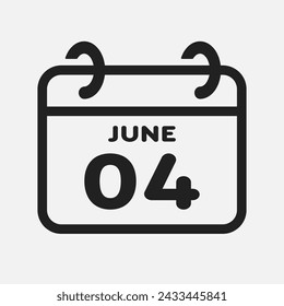 Vector icon page calendar day of month - 4 June. 4th day of month - Sunday, Monday, Tuesday, Wednesday, Thursday, Friday, Saturday. Anniversary, reminder, plan, to-do list. Calender on the wall