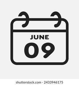 Icono vectorial página calendario día del mes - 9 de junio. Noveno día del mes: domingo, lunes, martes, miércoles, jueves, viernes, sábado. Aniversario, recordatorio, plan, lista de tareas. Calendario en la pared