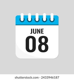Vector icon page calendar day of month - 8 June. 8th day of month - Sunday, Monday, Tuesday, Wednesday, Thursday, Friday, Saturday. Anniversary, reminder, plan, to-do list. Calender on the wall