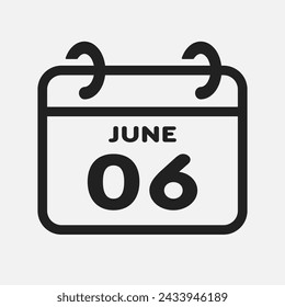 Vector icon page calendar day of month - 6 June. 6th day of month - Sunday, Monday, Tuesday, Wednesday, Thursday, Friday, Saturday. Anniversary, reminder, plan, to-do list. Calender on the wall