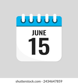 Vector icon page calendar day of month - 15 June. 15th day of month - Sunday, Monday, Tuesday, Wednesday, Thursday, Friday, Saturday. Anniversary, reminder, plan, to-do list. Calender on the wall