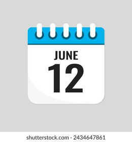 Vector icon page calendar day of month - 12 June. 12th day of month - Sunday, Monday, Tuesday, Wednesday, Thursday, Friday, Saturday. Anniversary, reminder, plan, to-do list. Calender on the wall