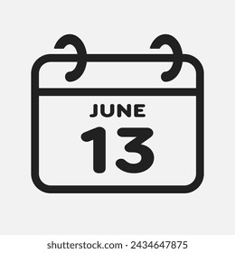 Vector icon page calendar day of month - 13 June. 13th day of month - Sunday, Monday, Tuesday, Wednesday, Thursday, Friday, Saturday. Anniversary, reminder, plan, to-do list. Calender on the wall