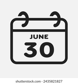 Vector icon page calendar day of month - 30 June. 30th day of month - Sunday, Monday, Tuesday, Wednesday, Thursday, Friday, Saturday. Anniversary, reminder, plan, to-do list. Calender on the wall