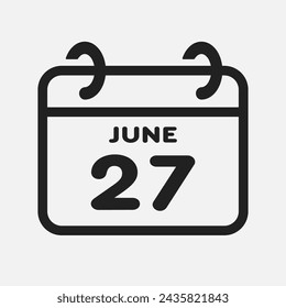 Vector icon page calendar day of month - 27 June. 27th day of month - Sunday, Monday, Tuesday, Wednesday, Thursday, Friday, Saturday. Anniversary, reminder, plan, to-do list. Calender on the wall
