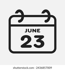 Vector icon page calendar day of month - 23 June. 23th day of month - Sunday, Monday, Tuesday, Wednesday, Thursday, Friday, Saturday. Anniversary, reminder, plan, to-do list. Calender on the wall